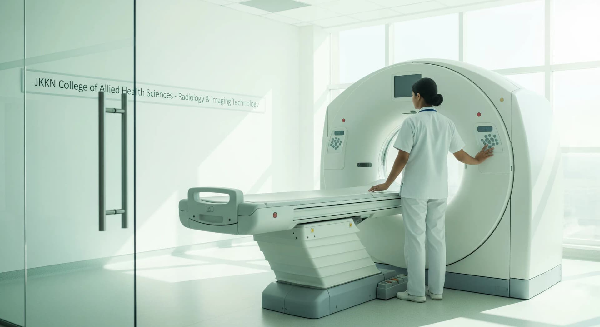 Radiology technologist preparing patient for MRI scan at JKKN College